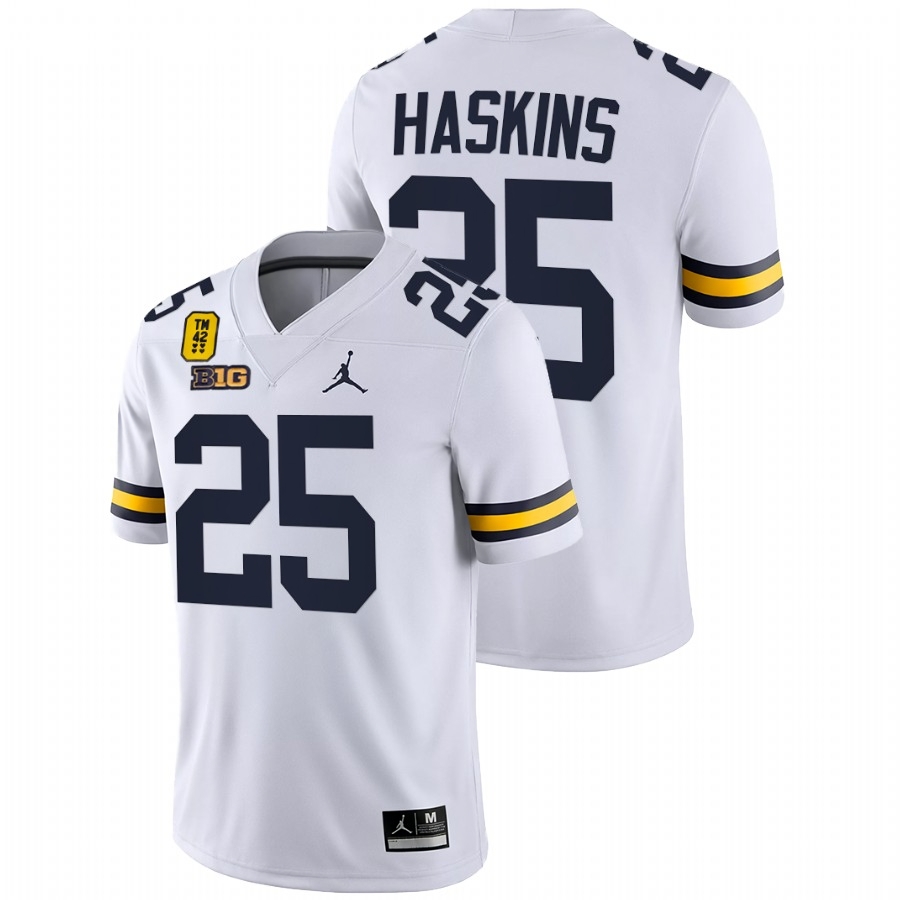Michigan Wolverines Men's NCAA Hassan Haskins #25 White TM 42 Patch Honor Tate Myre College Football Jersey TCG2349BF